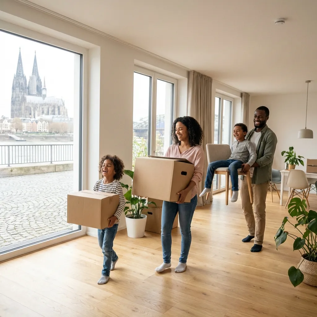 Happy family arriving at modern apartment in Cologne