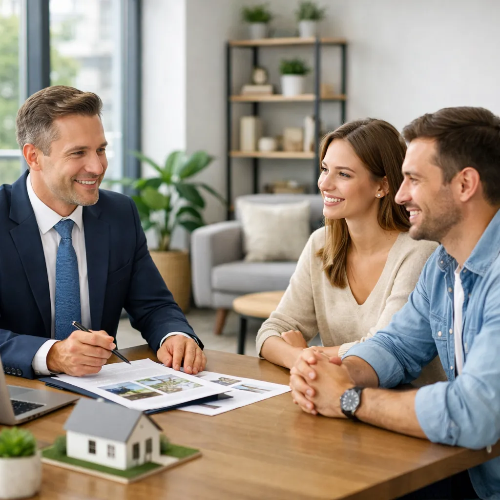 Real estate agent consulting with clients in office